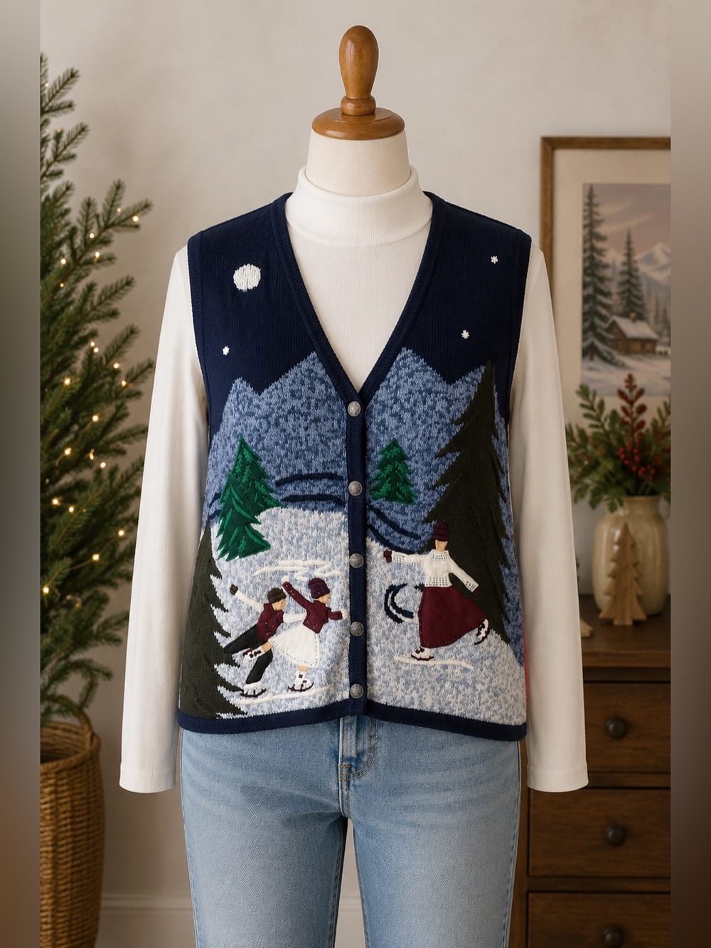 Vintage Bobbie Brooks Christmas Sweater Vest Blue Ice Skating Novelty Knit L